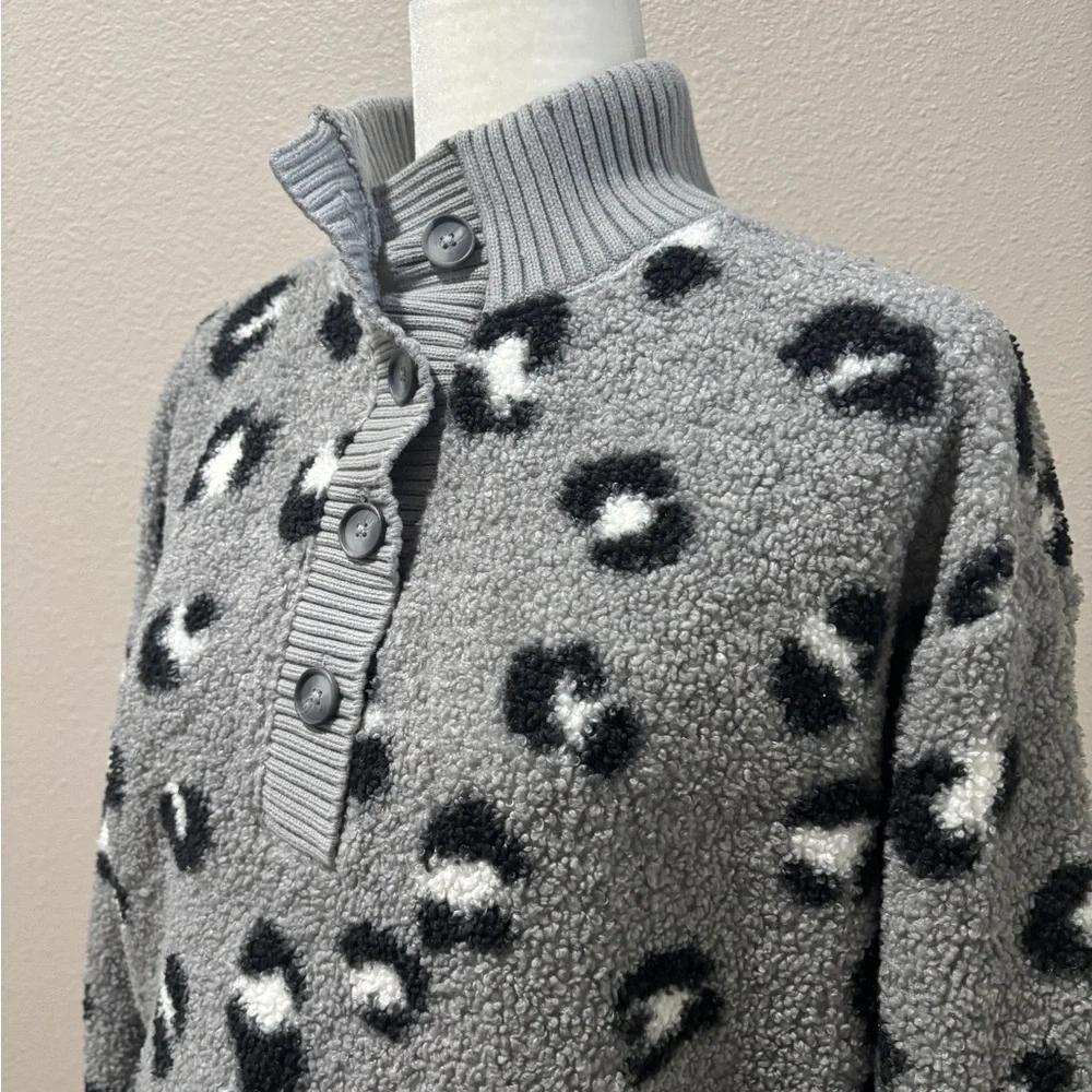 LOFT Gray Animal Print Sherpa Pullover - Picture 2 of 4
